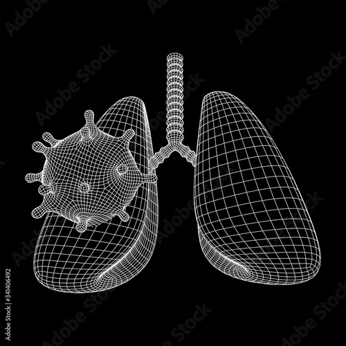Corona Virus and Lungs with trachea bronchi internal organ human. Covid virus pulmonology medicine science concept. Wireframe low poly mesh vector illustration.