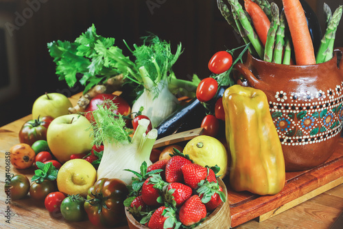 rustic composition with fruits and vegetables