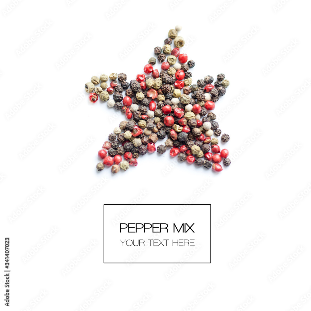 Paper mix. Black, red and white pepper balls isolated on white background. Top View. Food concept. Flat Lay Paper mix. Black, red and white pepper balls isolated on white background. Top View. Food concept. Flat Lay