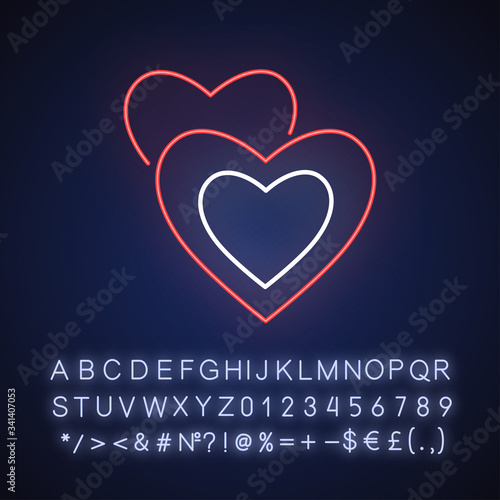 Romance neon light icon. Outer glowing effect. Sign with alphabet, numbers and symbols. Romantic movie, love story. Cinema genre about relationship. Hearts vector isolated RGB color illustration