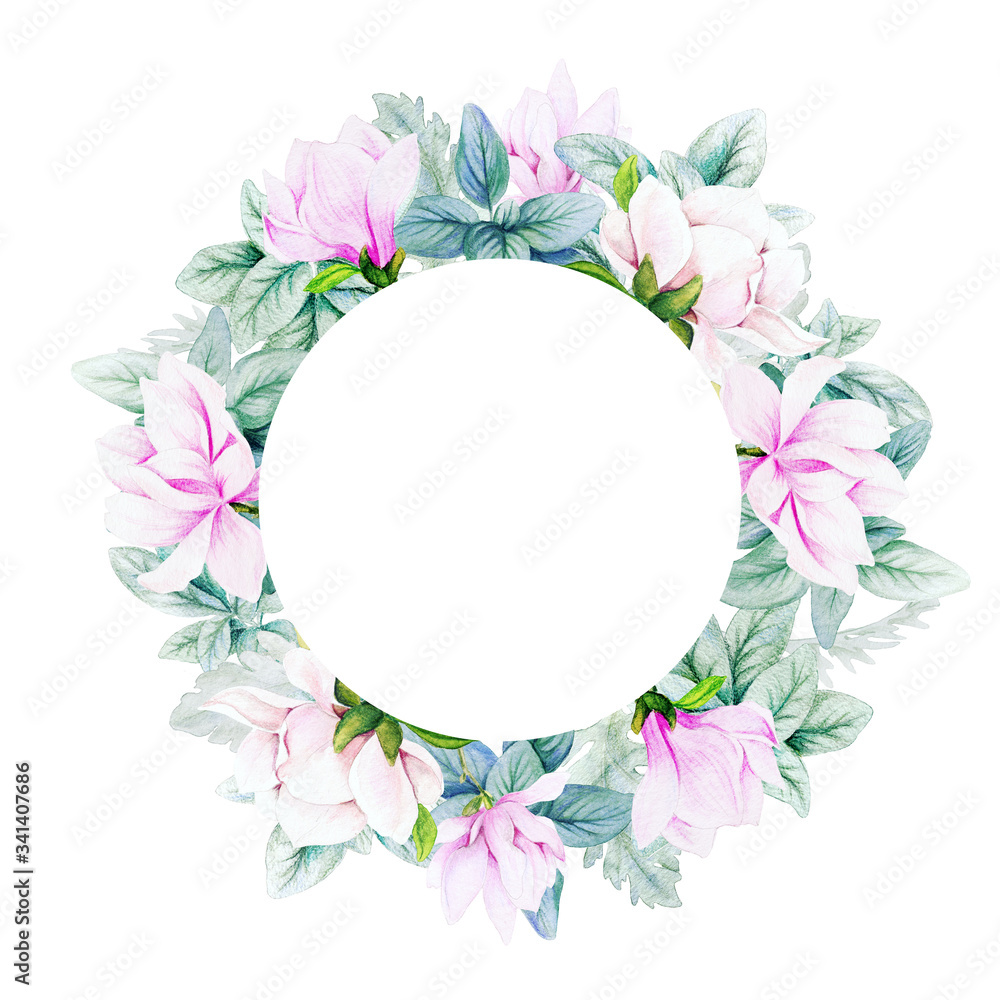 Round banner with watercolor magnolia flowers and leaves