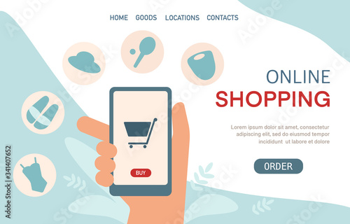 Flat design concept of  Online Shopping with hands holding phone, icon for website and mobile website development. Landing page template. Vector illustration