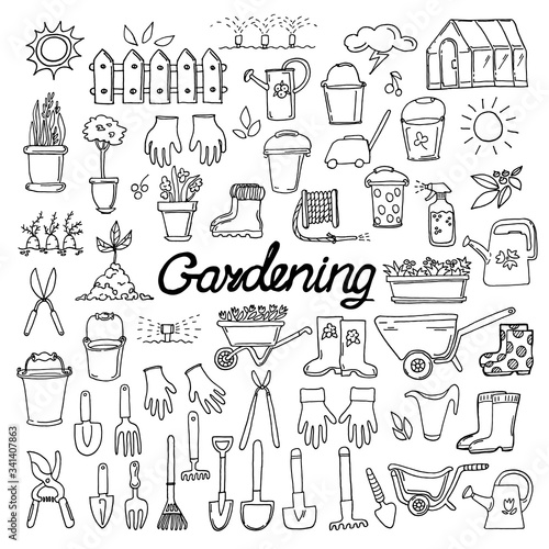 Hand drawn vector doodle illustration set of garden tools and lettering isolated on white background.  Wheelbarrow, rake, scoop, boots, spade, gloves, secateurs, buckets, scissors, pot, leaves