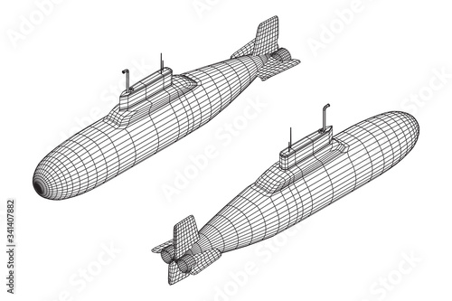 Military atomic submarine underwater boat. Wireframe low poly mesh vector illustration