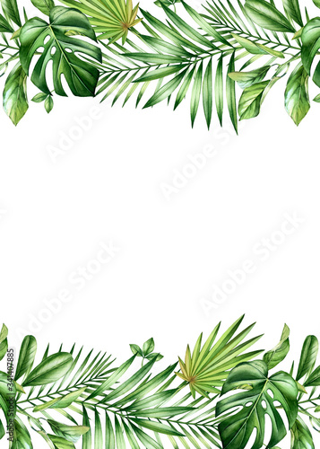 Watercolor tropical banner. Vertical frame with palm and monstera leaves  place for text. Hand painted A5 card template. Realistic botanical illustrations isolated on white