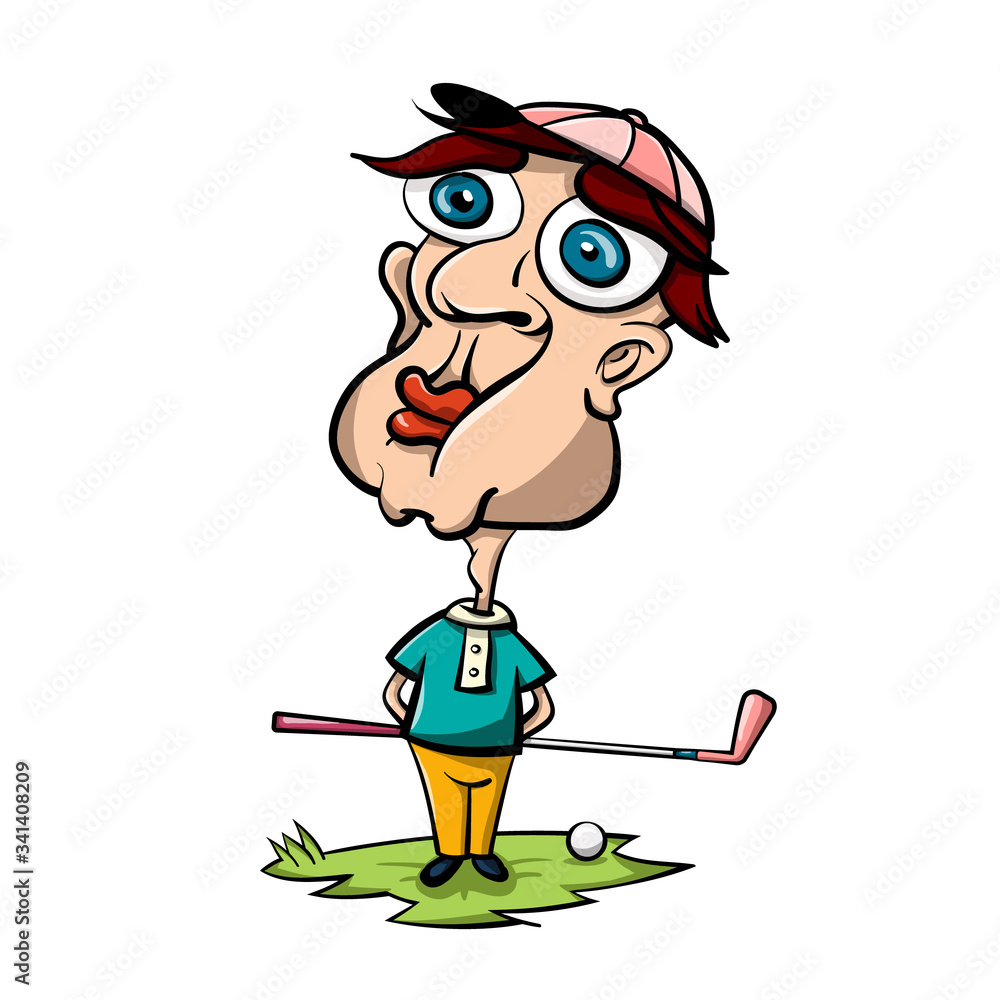 Golfer Vector Clip Art. Funny Golf Player Character with Stick and Ball Isolated on White Background.