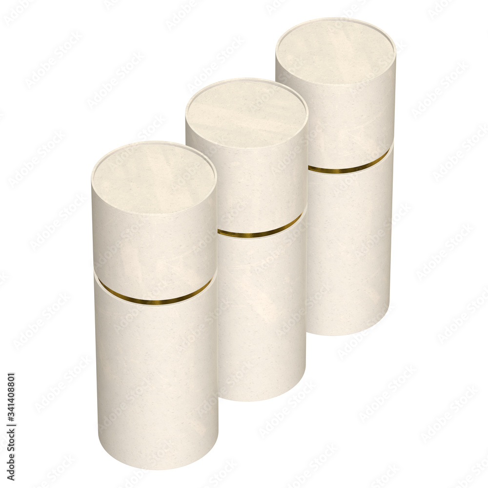 Kraft paper cardboard tube package with gold part mock up. 3d render isolated on white background. Kraft paper cardboard tube package with gold part mock up. 3d render isolated on white background.