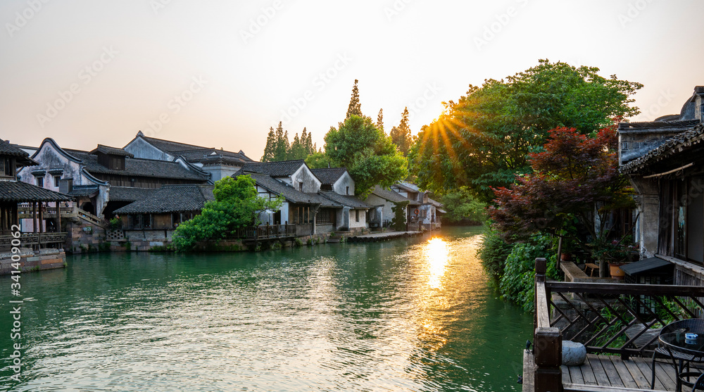 Fototapeta premium Wuzhen, an ancient town building at the edge of a small riverside , Zhejiang, China