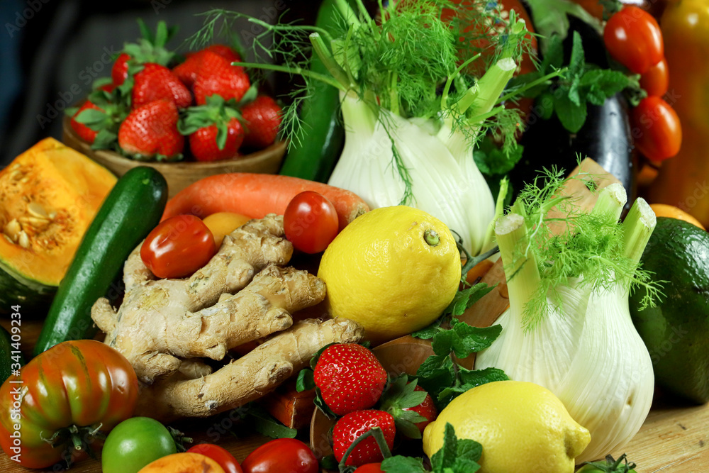 rustic composition of fruit and vegetables in a warm light rustic composition of fruit and vegetables in a warm light