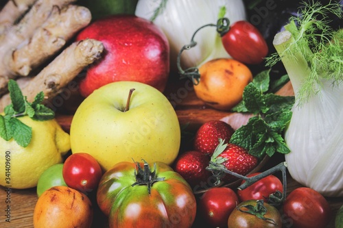 closeup of organically grown fruit and vegetables