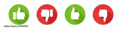 Thumb up and thumb down. Flat icons like and dislike. Yes and no. Isolated vector elements.