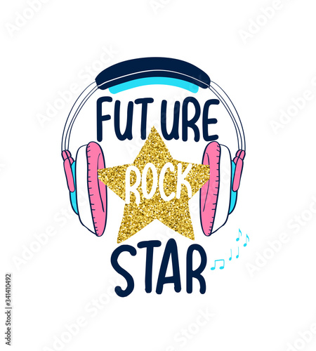 Headphone vector illustration for t-shirt design with slogan. Vector illustration design for fashion fabrics, textile graphics, prints.