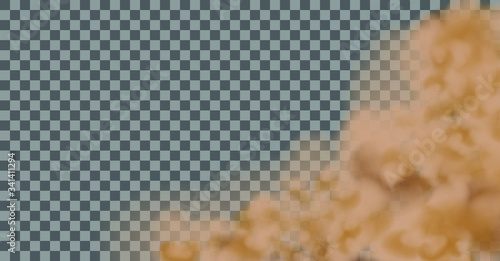 Dust cloud  or dry sand flying ,road dust cloud with particles with dirt,cigarette smoke, smog, soil and sand  particles.  Concept house cleaning, air pollution,big explosion,desert sandstorm.
