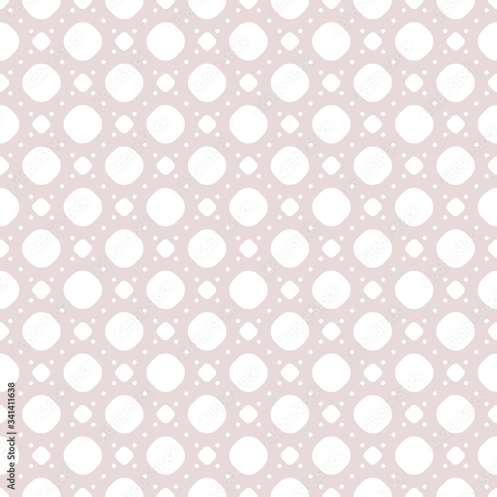 Cute vintage seamless pattern in trendy pastel colors, pale pink and white. Minimal abstract background with small circles, dots in square grid. Subtle repeat fashionable texture. Perforated surface