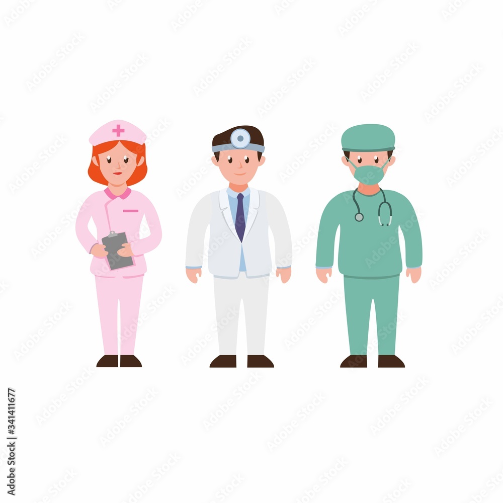 People wearing uniform for hospital job, collection set. nurse doctor and surgery suit  character icon set in cartoon flat illustration vector isolated in white background