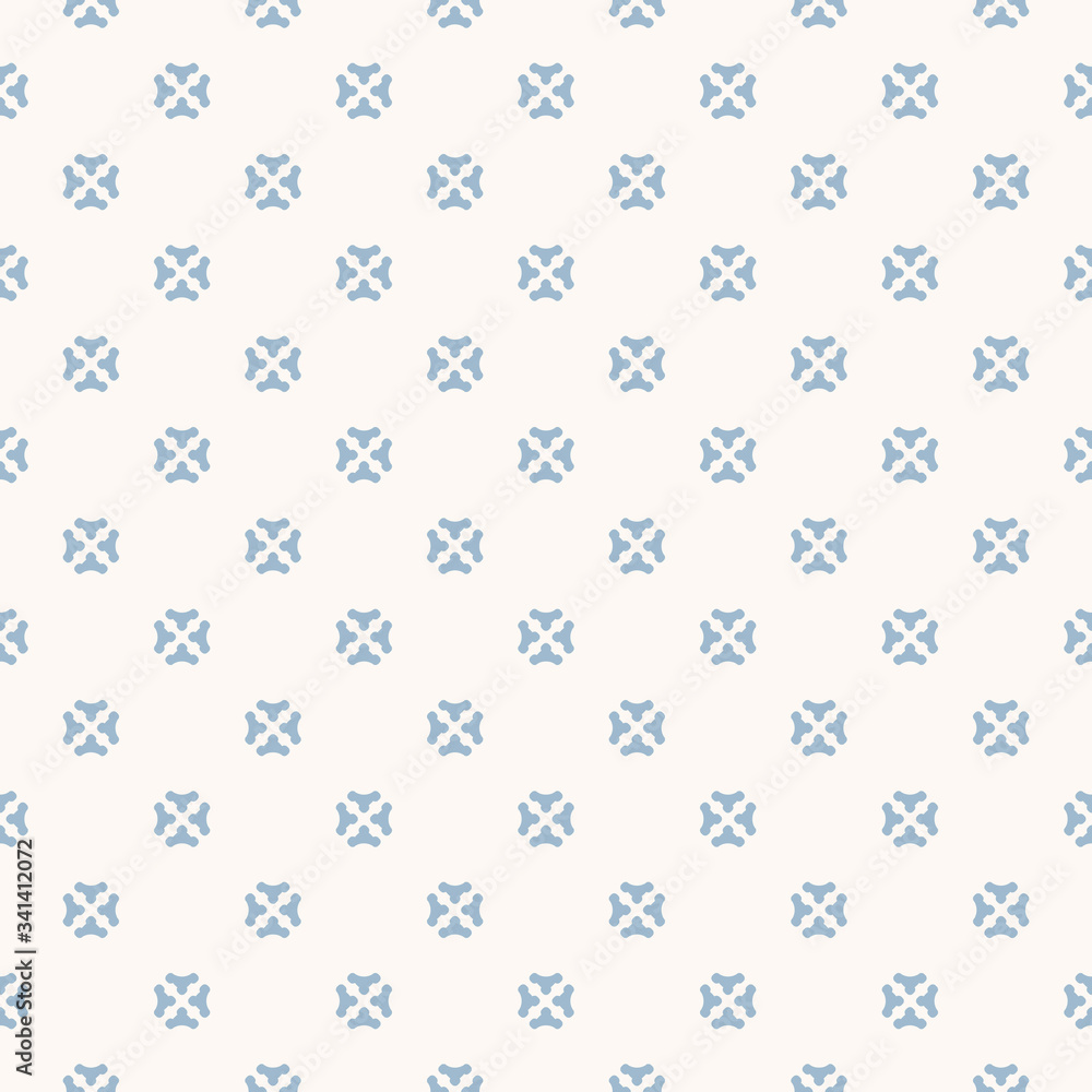 Vector minimalist floral geometric seamless pattern. Simple texture with small curved shapes, flower silhouettes. Abstract minimal background in light blue and white colors. Modern repeatable design Vector minimalist floral geometric seamless pattern. Simple texture with small curved shapes, flower silhouettes. Abstract minimal background in light blue and white colors. Modern repeatable design
