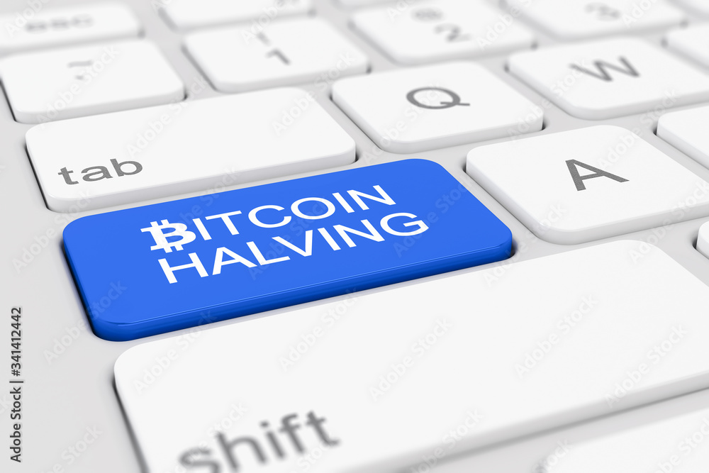 3d render of a keyboard with blue bitcoin halving button 3d render of a keyboard with blue bitcoin halving button