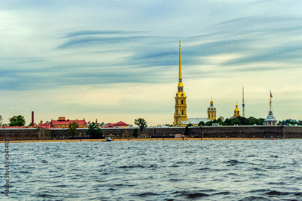 Saint Petersburg, Russia,  Spire of the Peter and Paul fortress. View from the Neva river