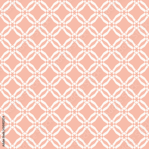 Grid pattern. Vector abstract geometric seamless texture with mesh, lattice, net, lace, small diamond shapes, rhombuses. Pink and white background. Subtle graphic ornament. Delicate repeat design