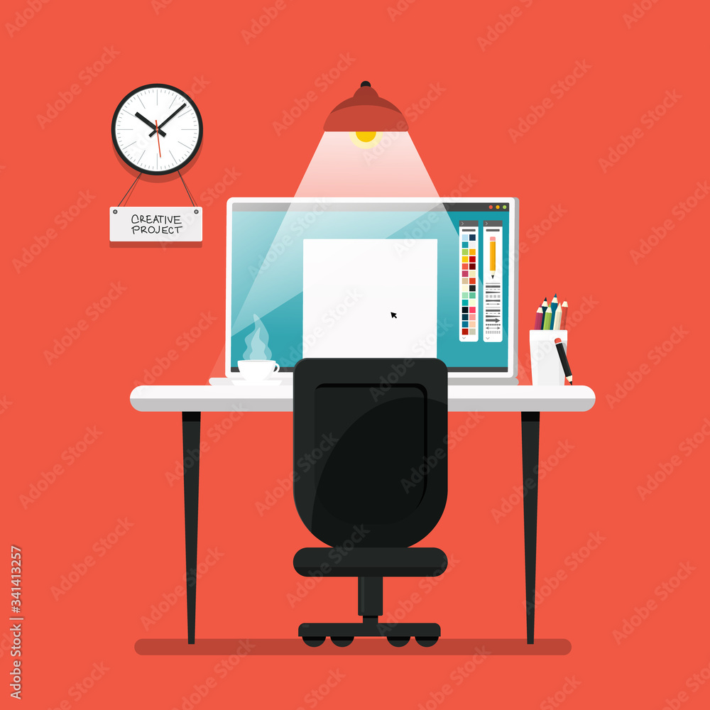 Home Office Vector Flat Design Illustration. Computer on Table with Lamp and Chair. Clock on Wall on Background. Home Office Vector Flat Design Illustration. Computer on Table with Lamp and Chair. Clock on Wall on Background.