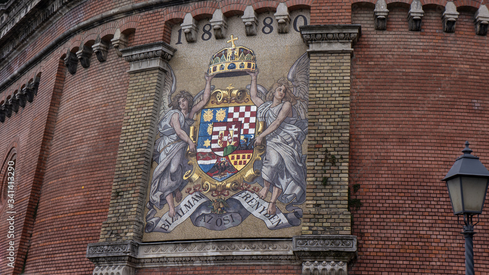 Hungary coat of arms on Castle hill wall in Budapest, Hungary.