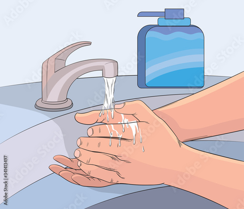 Wash your hands thoroughly with antiseptic soap. Pop art hand drawn style vector design illustrations.

