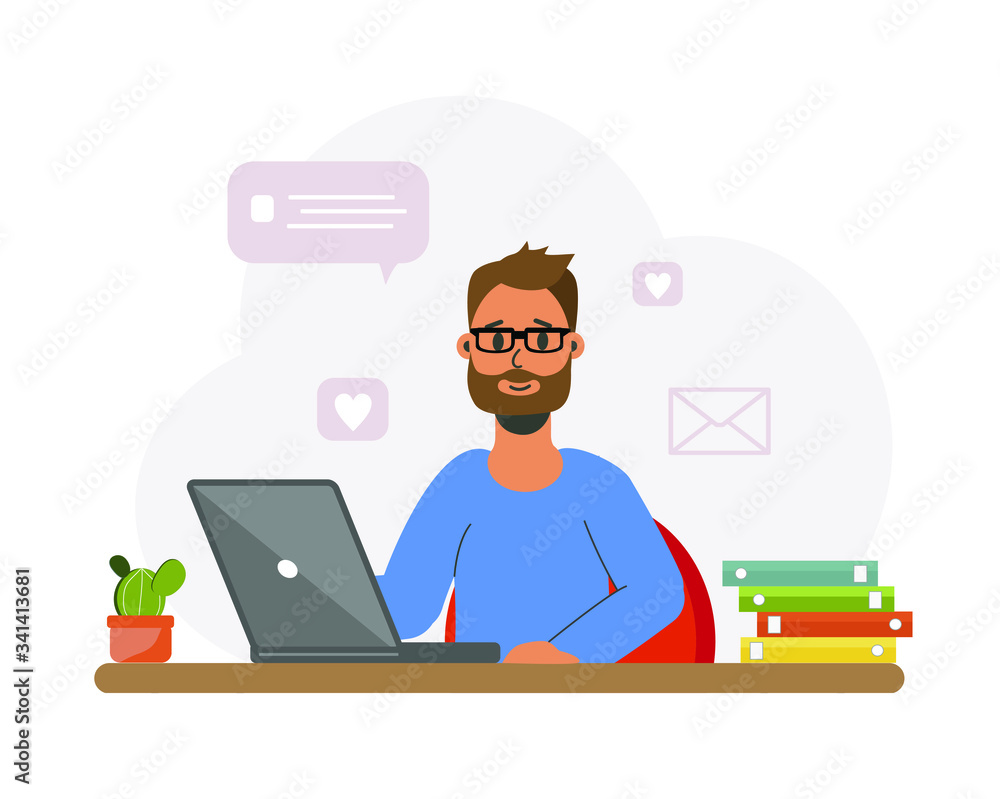 Programmer man with a beard works at a computer, laptop. Programmer man with a beard works at a computer, laptop.