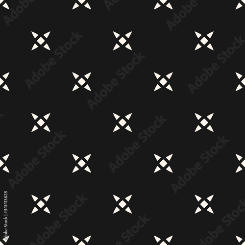 Vector minimalist floral seamless pattern. Simple black and white abstract geometric background with small flowers, crosses, stars. Subtle minimal monochrome ornament texture. Dark repeating design