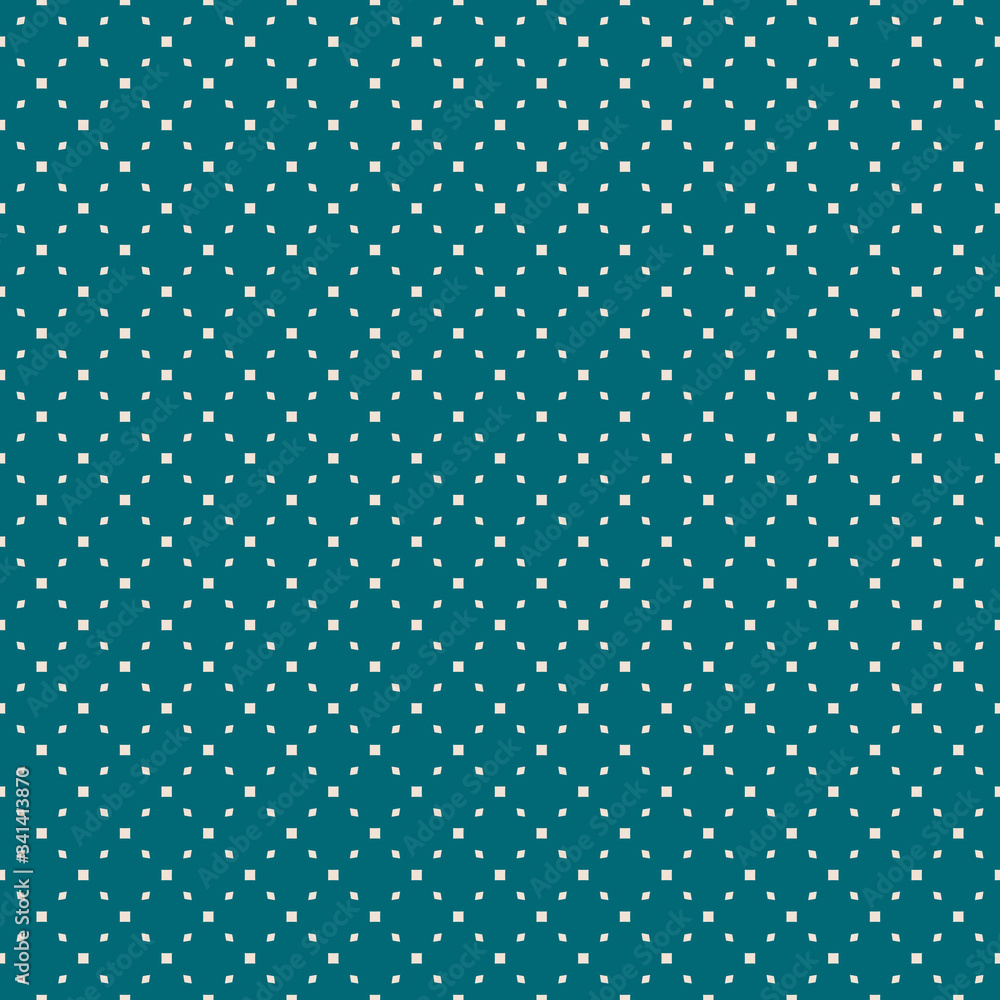 Vector minimalist seamless pattern. Abstract geometric texture with small squares, tiny rhombuses, diamonds, dots, grid. Simple minimal teal and beige background. Elegant repeat decorative design Vector minimalist seamless pattern. Abstract geometric texture with small squares, tiny rhombuses, diamonds, dots, grid. Simple minimal teal and beige background. Elegant repeat decorative design