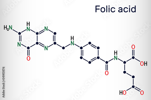 Folic acid, folate molecule. It is known as vitamin B9. Skeletal chemical formula