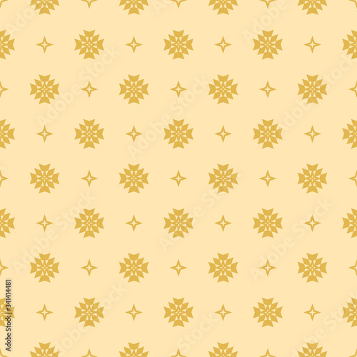 Subtle vector floral minimalist seamless pattern. Simple abstract background with small geometric flowers, stars, crosses. Minimal ornament texture in yellow color. Repeat design for wallpaper, cloth