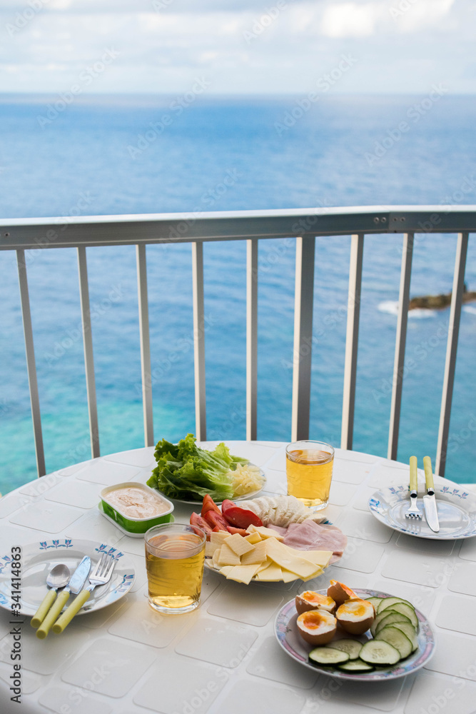 Breakfast on the balcony overlooking the ocean, Tenerife Spain