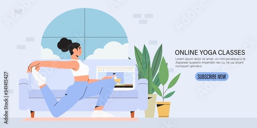 Girl in her room or apartment practicing yoga or doing exersice watching video online on laptop at home. Concept of online lessons or yoga studio classes with instructor banner, landing page, add.