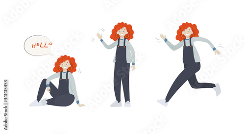 Cartoon girl in overalls in various poses. Hello dating illustration. Character for game, site, advertising posters.
