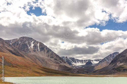 Western Mongolia mountainous landscape. Alpine lake. Altai Tavan Bogd National Park  Bayan-Ulgii Province  Mongolia.