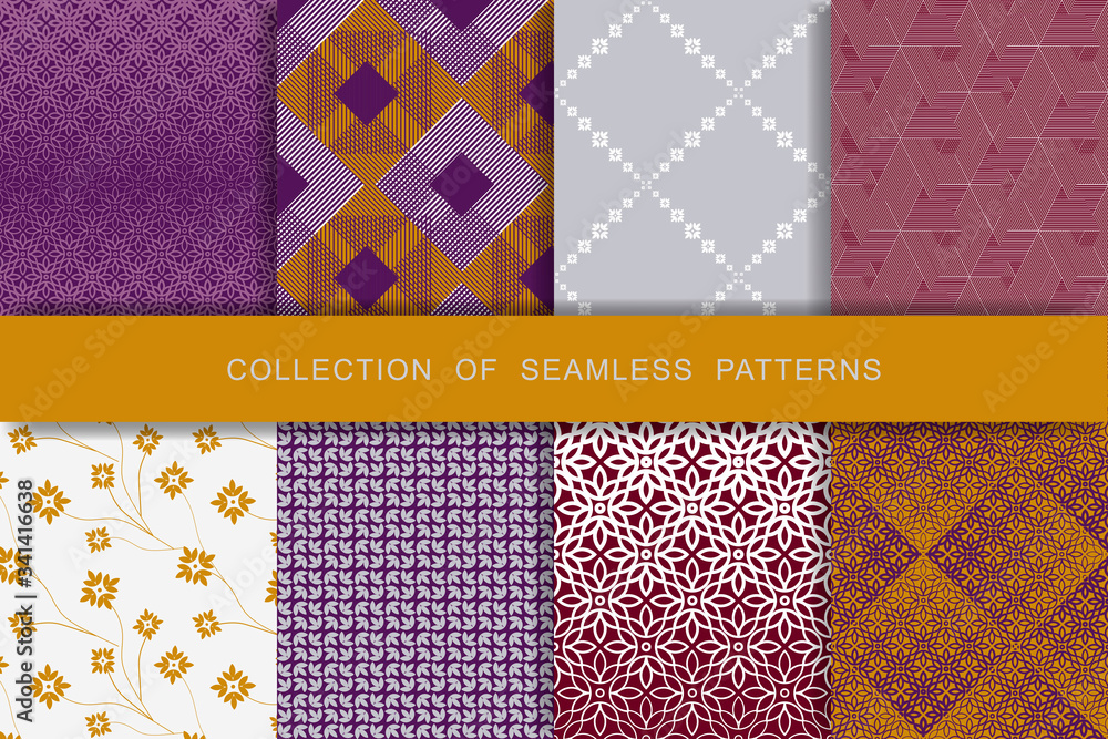 8 Seamless Patterns Set. Vector illustration. Textile printing