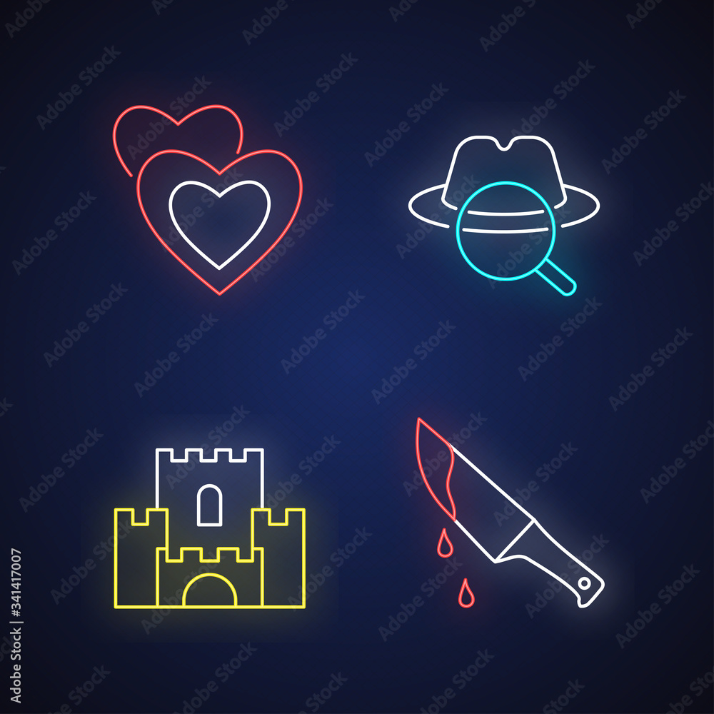 Popular movie types neon light icons set. Romantic films, detective mystery, fantasy and thriller signs with outer glowing effect. Cinematography genres. Vector isolated RGB color illustrations