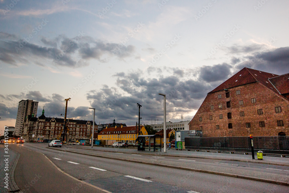 Colorful sunset over Copenhagen, Denmark.