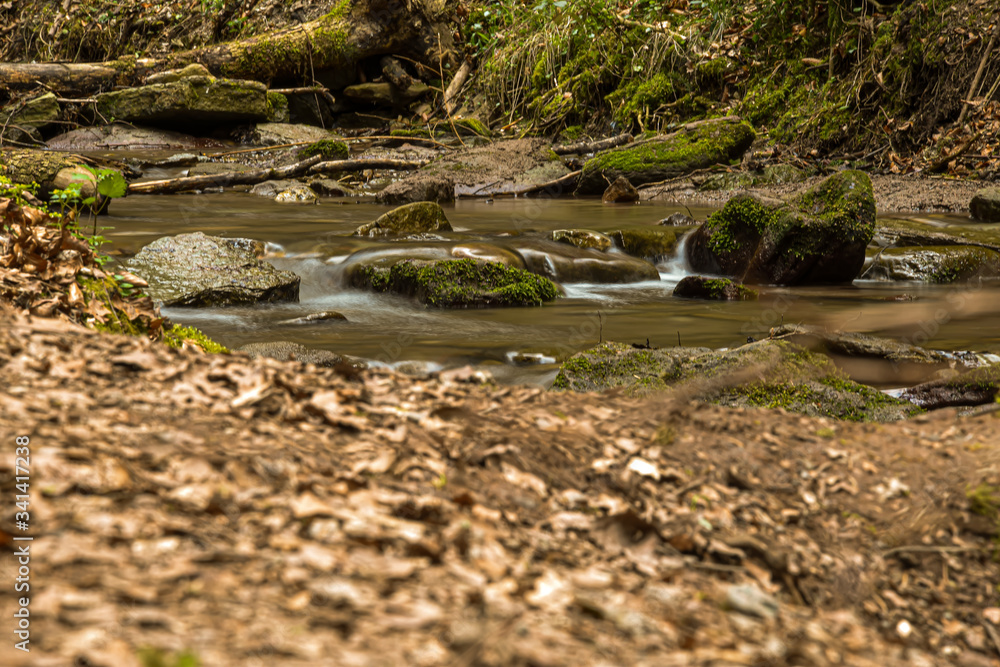 Fototapeta premium Fließendes Wasser in einem Bach mit genialen Frühlingsfarben