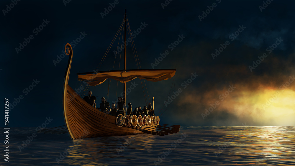 Fotografie Viking ship under the gold shine.