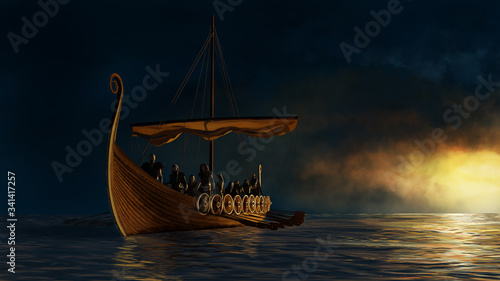 Photo Viking ship under the gold shine.