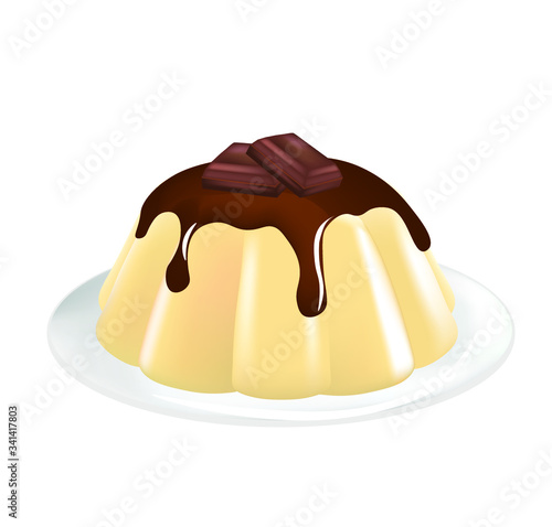 Vanilla pudding with chocolate topping and cubes. vector