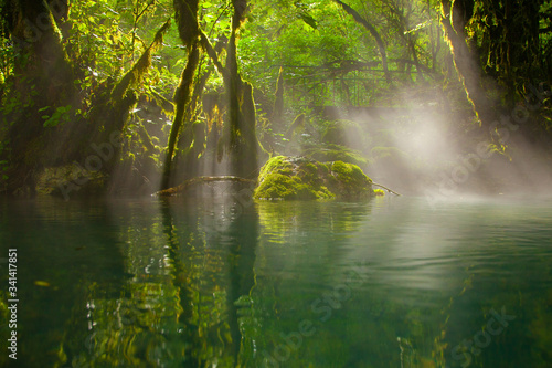 fairy light and steam over the water