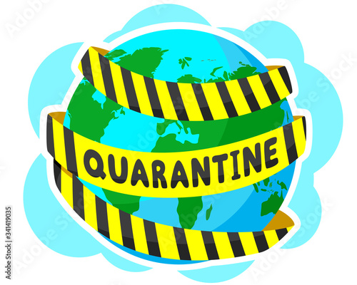 Planet earth is wrapped in yellow quarantine tape. Pandemic, virus all over the planet