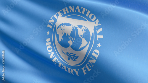 Flag of International Monetary Fund or IMF, an international organization that aims to promote international trade and monetary cooperation and the stabilization of exchange rates. 3D illustration
