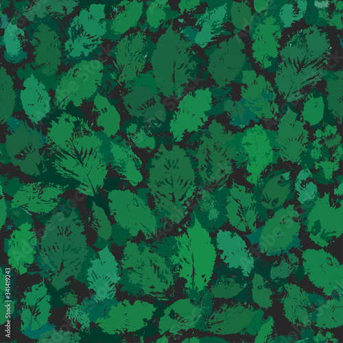 Leaves prints seamless pattern in deep green natural colors