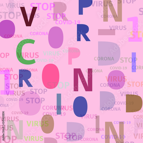 No Corona text on a pink background. In the background, the text stop, virus, coronavirus