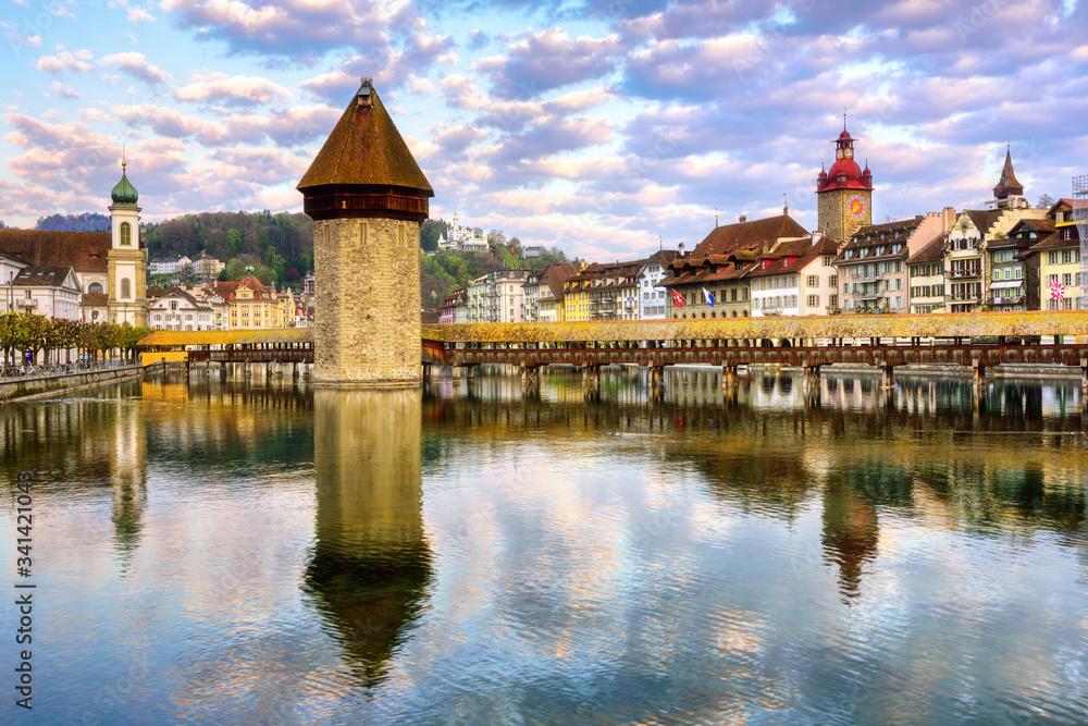 Lucerne city, Switzerland, the Old town and Chapel bridge
