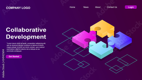 Collaborative development, isometric business concept vector. Color puzzle elements or icons on ultraviolet background. Teamwork, cooperation, partnership and trust concept EPS
