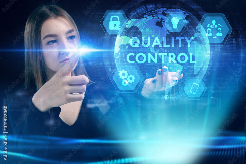 Business, Technology, Internet and network concept. Young businessman working on a virtual screen of the future and sees the inscription: Quality control Business, Technology, Internet and network concept. Young businessman working on a virtual screen of the future and sees the inscription: Quality control